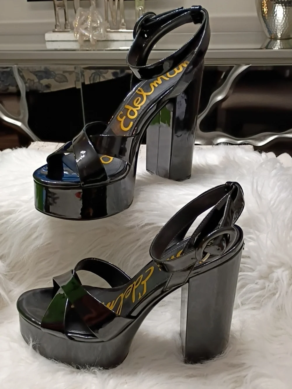 New Sam Edelman Savannah Black Patent Platform Block-Heel Sandals 10